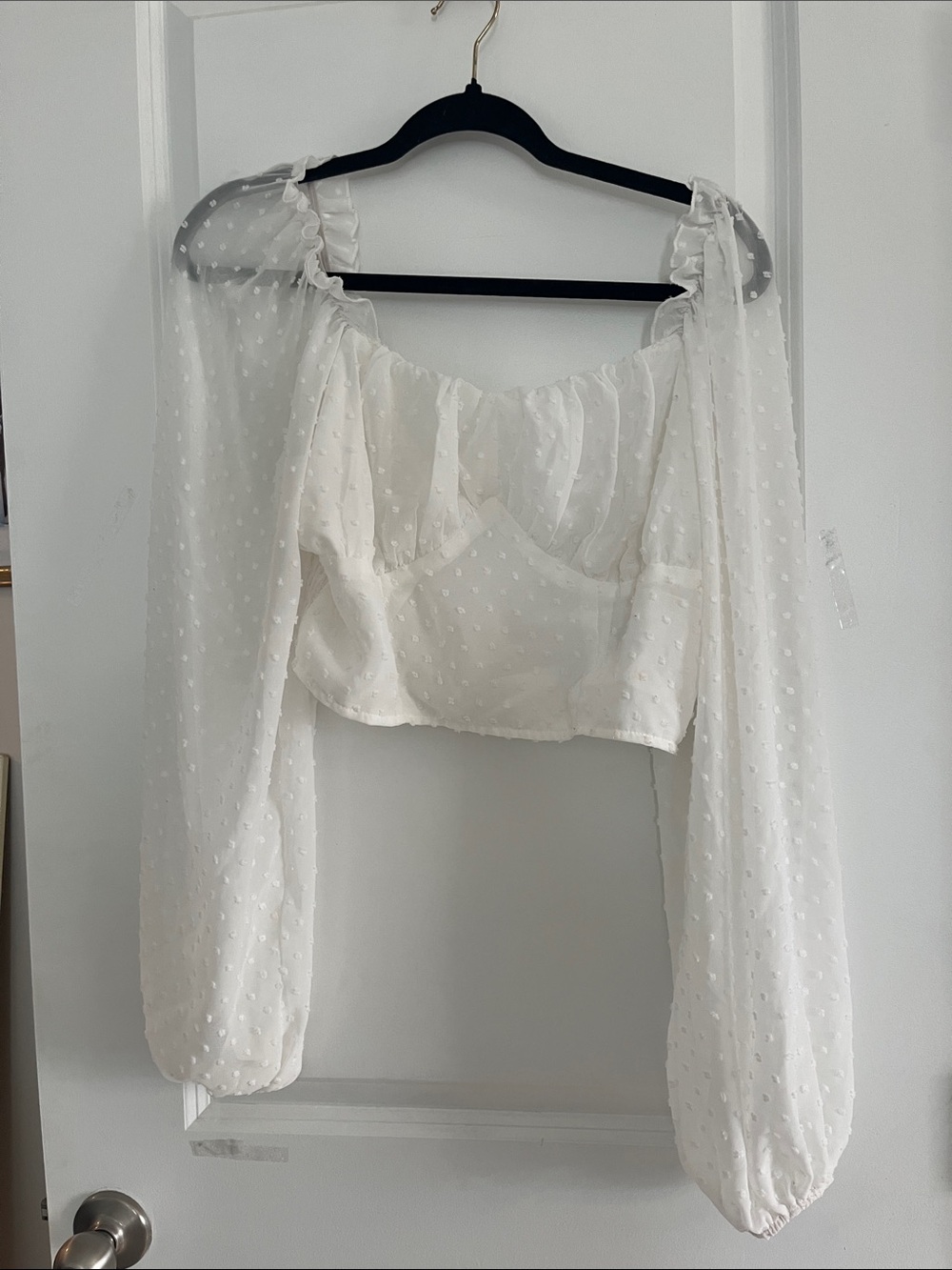 White Swiss Dot Long Sleeve Crop Top - Women
